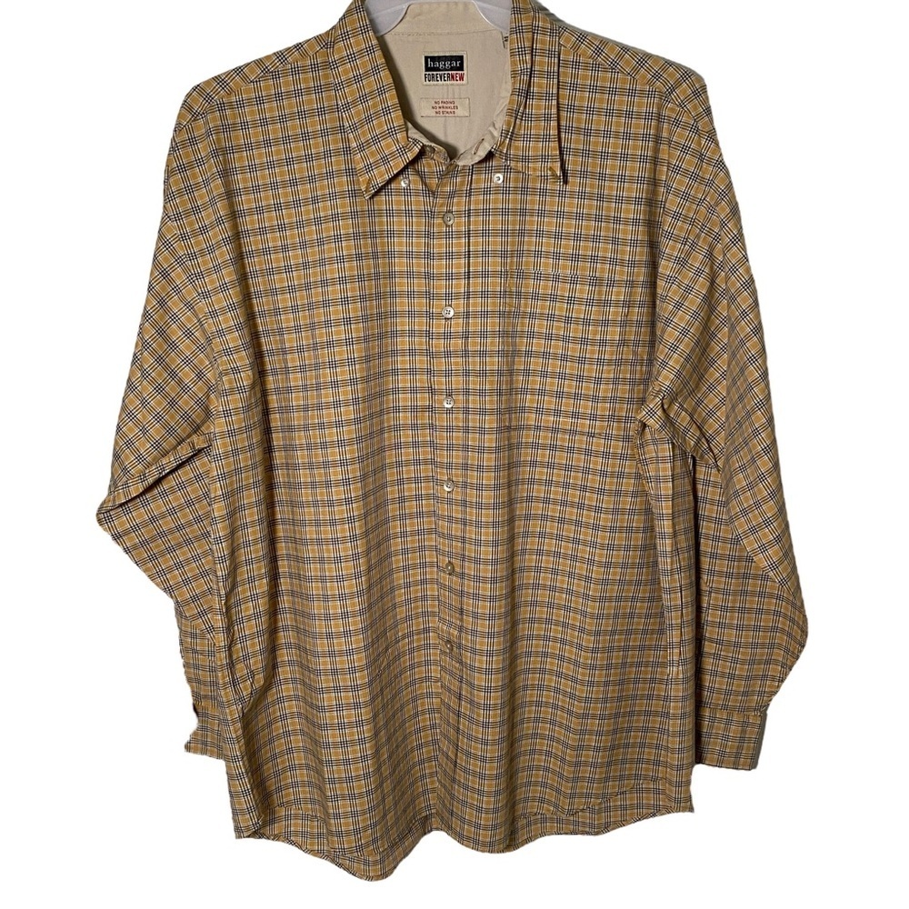 Haggar men's button down collared long sleeve XXL gold plaid shirt